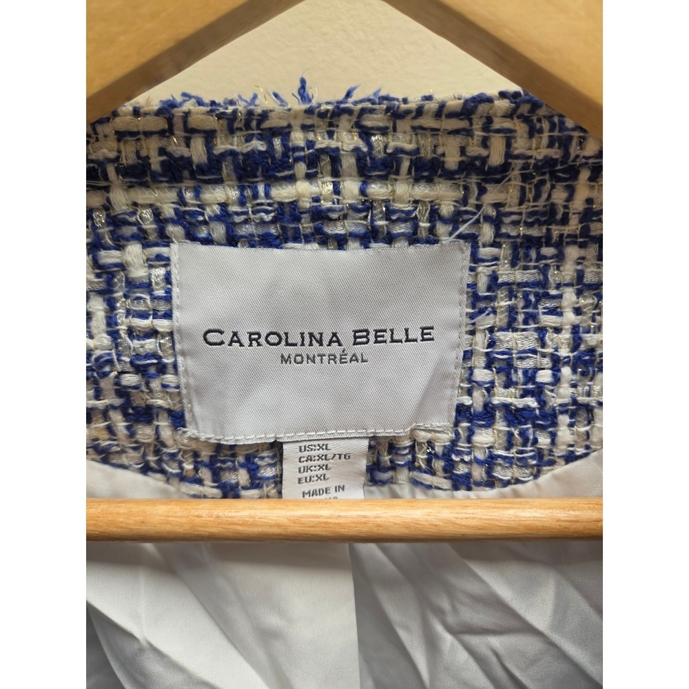 Carolina Belle Montreal Women‎ XL Blue White Tweed Fringe Trim Open Front Jacket - Picture 2 of 4